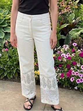 Peter Nygard White Wide Leg Pants with Black Paisley Border Sz 14